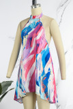 Multicolor Casual Street Simplicity Print Frenulum Backless Halter Irregular Dress Dresses