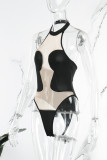 Black Sexy Street Solid See-through Backless Halter Skinny Bodysuits
