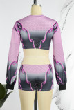 Purple Sexy Print Hollowed Out O Neck Skinny Romper