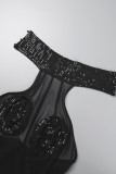 Blue Patchwork Sequins See-through Backless Halter Skinny Jumpsuits