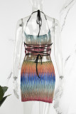 Multicolor Sexy Street Party Gradual Change Geometric Frenulum Halter One Step Skirt Dresses