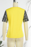 Yellow Casual Print Patchwork O Neck T-Shirts