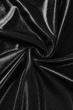 Black Sexy Street Party Solid Draw String Fold Reflective Oblique Collar Sleeveless Two Pieces