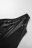 Black Sexy Street Party Solid Draw String Fold Reflective Oblique Collar Sleeveless Two Pieces