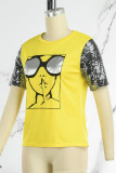 Yellow Casual Print Patchwork O Neck T-Shirts