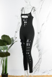 Coffee Sexy Casual Solid Hollowed Out U Neck Skinny Jumpsuits