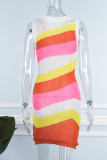 Orange Sexy Casual Patchwork Contrast O Neck Sleeveless Dress Dresses