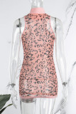 Pink Sexy Print See-through Turtleneck Sleeveless Dress Dresses