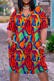 Blue Casual Print Basic V Neck Short Sleeve Dress