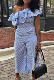 Fluorescent Green Casual Striped Patchwork Pocket Flounce Oblique Collar Regular Jumpsuits