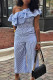 Sky Blue Casual Striped Patchwork Pocket Flounce Oblique Collar Regular Jumpsuits