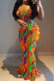 Orange Sexy Print Backless Spaghetti Strap Long Dress Dresses