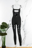 Coffee Sexy Casual Solid Hollowed Out U Neck Skinny Jumpsuits