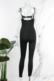 Coffee Sexy Casual Solid Hollowed Out U Neck Skinny Jumpsuits