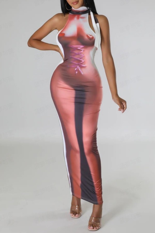 Multicolor Sexy Print Turtleneck Long Dress Dresses