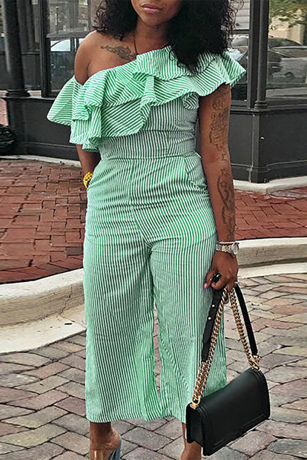 Fluorescent Green Casual Striped Patchwork Pocket Flounce Oblique Collar Regular Jumpsuits