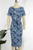 Blue Casual Print Basic O Neck Short Sleeve Dress