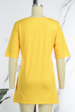 Yellow Casual Print Basic O Neck Short Sleeve Dress