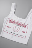 White Casual Print Basic U Neck Tops