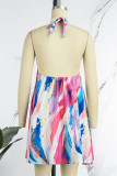 Multicolor Casual Street Simplicity Print Frenulum Backless Halter Irregular Dress Dresses