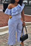 Fluorescent Green Casual Striped Patchwork Pocket Flounce Oblique Collar Regular Jumpsuits
