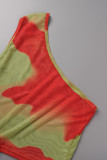 Orange Sexy Print Patchwork See-through Slit Oblique Collar Sleeveless Two Pieces