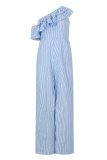 Fluorescent Green Casual Striped Patchwork Pocket Flounce Oblique Collar Regular Jumpsuits