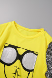 Yellow Casual Print Patchwork O Neck T-Shirts