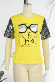 Yellow Casual Print Patchwork O Neck T-Shirts