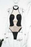 Black Sexy Street Solid See-through Backless Halter Skinny Bodysuits