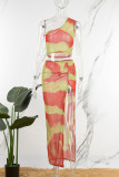 Orange Sexy Print Patchwork See-through Slit Oblique Collar Sleeveless Two Pieces