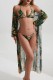 Green Sexy Print Bandage Backless Swimsuit Three Piece Set (With Paddings)