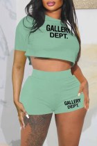 Green Casual Print Letter O Neck Short Sleeve Two Pieces