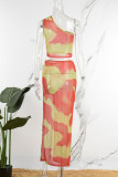 Orange Sexy Print Patchwork See-through Slit Oblique Collar Sleeveless Two Pieces