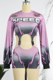 Purple Sexy Print Hollowed Out O Neck Skinny Romper