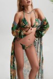 Green Sexy Print Bandage Backless Swimsuit Three Piece Set (With Paddings)