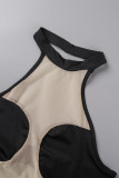 Black Sexy Street Solid See-through Backless Halter Skinny Bodysuits