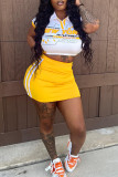 Yellow Casual Print Patchwork Turndown Collar Short Sleeve Two Pieces