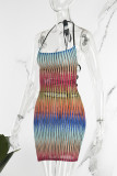 Multicolor Sexy Street Party Gradual Change Geometric Frenulum Halter One Step Skirt Dresses