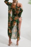 Green Sexy Print Bandage Backless Swimsuit Three Piece Set (With Paddings)