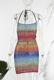Multicolor Sexy Street Party Gradual Change Geometric Frenulum Halter One Step Skirt Dresses