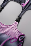 Purple Sexy Print Hollowed Out O Neck Skinny Romper