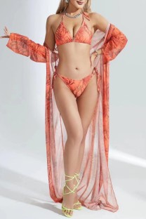 Orange Sexy Print Frenulum Backless Swimsuit Three Piece Set (With Paddings)