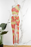 Orange Sexy Print Patchwork See-through Slit Oblique Collar Sleeveless Two Pieces