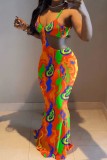 Orange Sexy Print Backless Spaghetti Strap Long Dress Dresses