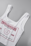 White Casual Print Basic U Neck Tops