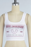White Casual Print Basic U Neck Tops