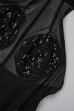 Blue Patchwork Sequins See-through Backless Halter Skinny Jumpsuits