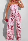 Burgundy Sexy Casual Print Backless Strapless Regular Jumpsuits