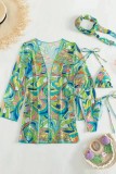 Green Sexy Print Frenulum Swimsuit Three Piece Set (With Paddings)